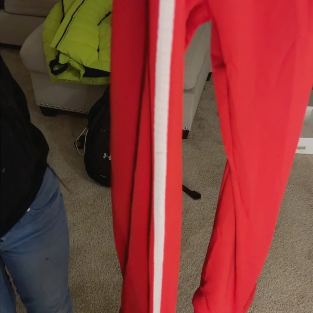 Stylish Red Track Pants with White Stripes - Picture 2 of 2